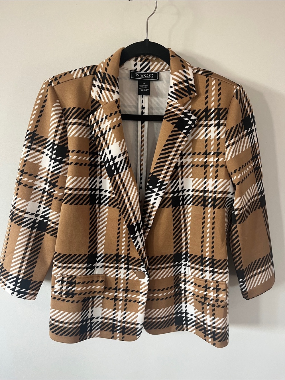 New York & Company Plaid Blazer in Camel, Black & White